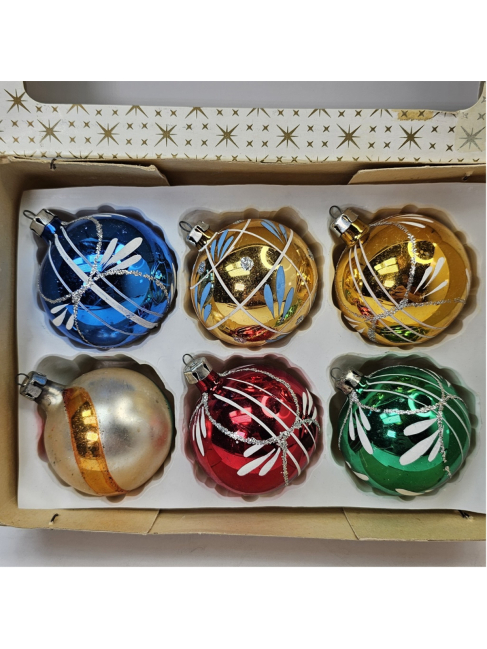 Vintage Polish Glass Christmas Ornaments Set of 6 Poland 2.4" Boxed Baubles Ball